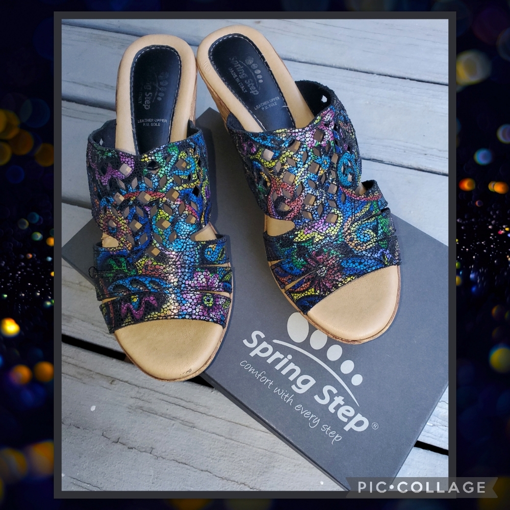 Spring Step Genuine Perforated Leather Viniko Black Multi Slip-on Wedge Sandals